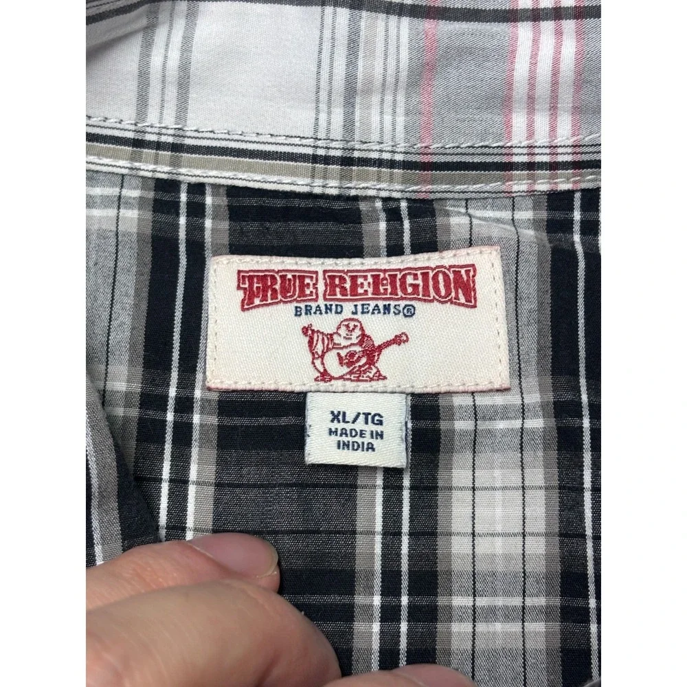 True Religion Mens XL Snap Colorblock Plaid Button Down Shirt White Red Cotton